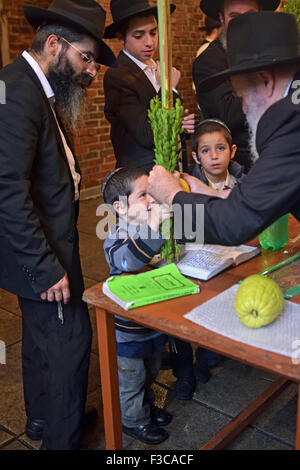 Un homme plus âgé, un jeune garçon donne une esrog loulav et pour bénir sur la fête juive de Souccot. Dans Crown Heights, Brooklyn, New York Banque D'Images