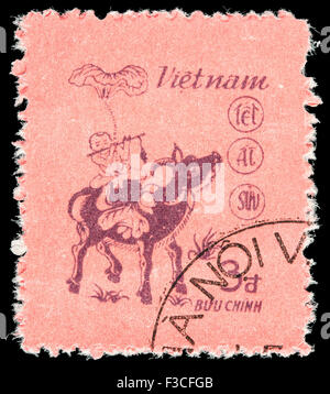 VIETNAM - circa 1985 : un timbre-poste imprimé au Vietnam montre un enfants jouant sur un buffle, comme sur la peinture de Dong Ho, cele Banque D'Images