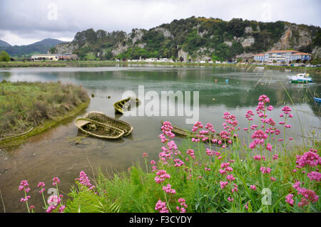 Vue panoramique sur l'estuaire de la Sella avec fleurs et bateaux abandonnés à Ribadesella (Principauté des Asturies, Espagne) Banque D'Images