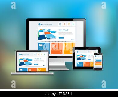 Cette image est un fichier vectoriel représentant un responsive design concept sur divers médias les appareils avec un arrière-plan flou. Illustration de Vecteur