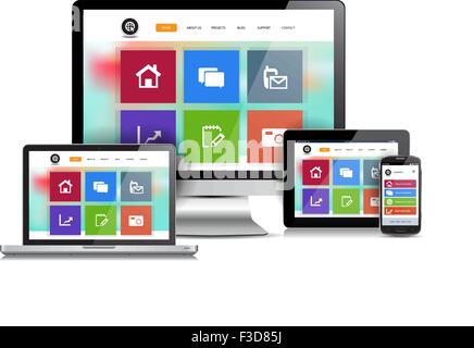 Cette image est un fichier vectoriel représentant un responsive design concept site web sur divers périphériques de support. Illustration de Vecteur