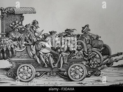 L'Europe. L'Italie. Chariot avec des musiciens jouant divers instruments de musique. La gravure. Banque D'Images
