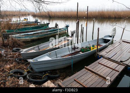 Bateaux de pêche en bois traditionnel dans le lac Pamvotis près de Ioannina, Grèce Banque D'Images