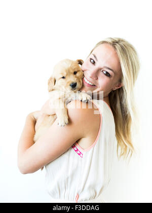 Studio shot of chiot Golden Retriever avec propriétaire Banque D'Images