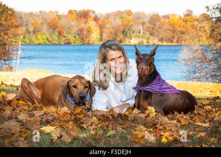 Belle mature femme d'âge moyen aux cheveux longs, portant des feuilles à l'automne avec ses 2 grandes animal chiens de compagnie en face d'un lac Banque D'Images
