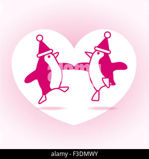 Deux Pingouins Santa heureux Rose danse avec Cœur blanc sur fond rose pale Banque D'Images