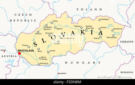 Carte politique de la Slovaquie à Bratislava, capitale des frontières nationales, d'importantes villes, rivières et lacs. L'étiquetage à l'échelle / anglais Banque D'Images
