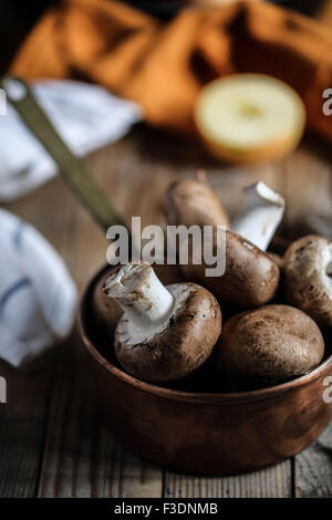 Les champignons dans une casserole en cuivre Banque D'Images