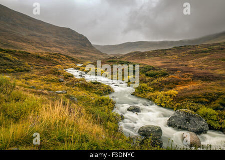 Creek dans le col de montagne plus de Sognefjellet donnant accès à et les parcs nationaux de Jotunheimen Jostedalsbreen, Norvège Banque D'Images