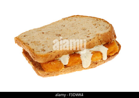 Doigt poisson sandwich fait avec du pain brun à grain avec sauce tartare isolés contre white Banque D'Images