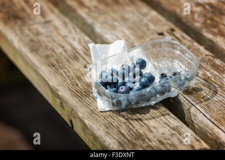 Des bleuets dans une boîte en plastique sur la table rustique en bois. Plan horizontal Banque D'Images