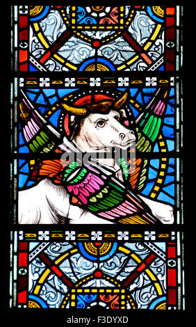 Londres, Angleterre, Royaume-Uni. All Saints Church, Margaret Street. Vitrail : Bull, de l'évangéliste Saint Luc Banque D'Images