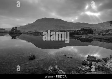 L'aube sur Cregennan les lacs, Gwynedd, Parc National de Snowdonia, le Nord du Pays de Galles, Royaume-Uni Banque D'Images