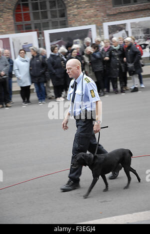 Copenhague, Danemark. 6 octobre, 2015. Chien de police danois avec seurity vérifier avant royals et policetian entrez dans le parlement danois ouverture officielle aujourd'hui au premier mardi d'octobre Crédit : Francis Dean/Alamy Live News Banque D'Images