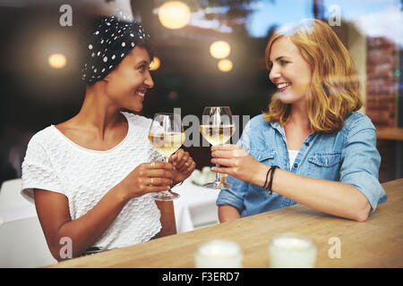De jolies jeunes femmes toasting each other with verres de vin blanc qu'ils se retrouvent dans un bar pour se détendre autour d'un chat Banque D'Images