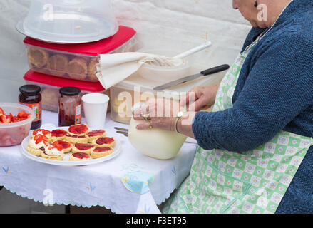 Les membres de l'Institut féminin de faire des gâteaux et des scones sur l'étal pour vendre avec un plateau au Festival de l'économie. UK Banque D'Images