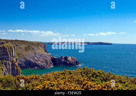 L'île de Caldey près de Lydstep Point dans le Parc National de Pembrokeshire Coast, Pays de Galles, Royaume-Uni Banque D'Images