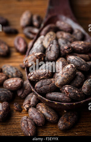 Les fèves de cacao brutes sur une cuillère sur table en bois Banque D'Images