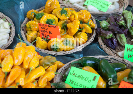 Piments sélectionnés à la vente à un marché de producteurs Banque D'Images