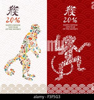 2016 Joyeux Nouvel An chinois du singe jeu de l'affiche avec les icônes d'Asie comme l'ape silhouettes. Vecteur EPS10. Illustration de Vecteur