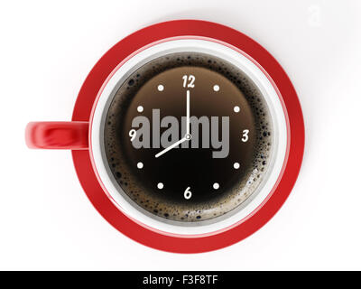 Réveil vers 8 heures le café tasse rouge. Banque D'Images