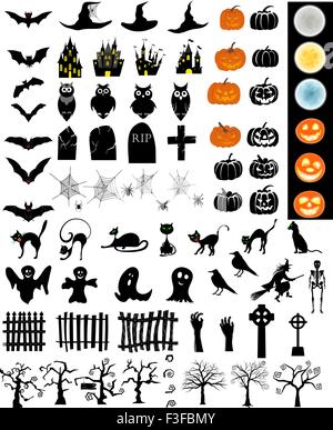 Halloween de éléments exposés. Collection avec Bat, Ghost, tombe, l'arbre, lune, citrouille, sorcière, squelette et Cat sur fond blanc pour la création de dessins d'Halloween. Vector illustration. Illustration de Vecteur