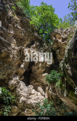 Les roches érodées à l'entrée de la grotte de Neptune, la Villa Gregoriana, Tivoli, lazio, Italie Banque D'Images