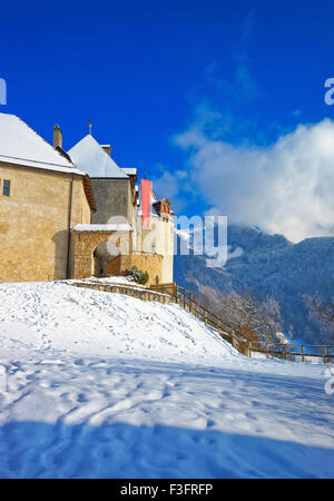 Fragment du château de Gruyères en Suisse. C'est un lieu touristique important dans la haute vallée de la Sarine, rivière Banque D'Images