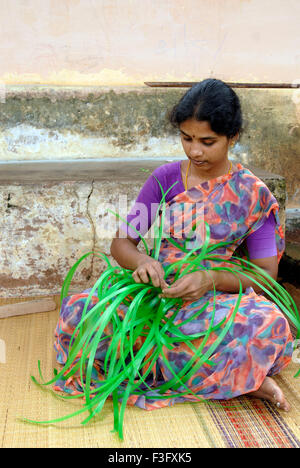 Femme tissage de bandes en plastique panier, art et artisanat, artisanat, Tamil Nadu, Inde, Asie, Inde, Asie, MR#777A, dpa 134981 maa Banque D'Images