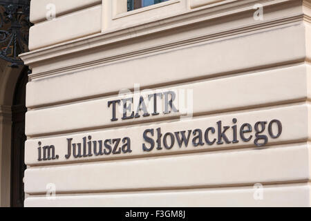 Teatr im Gen. Sikorskiego 12 Inscription au Théâtre Juliusz Słowacki à Vieille Ville, Cracovie, Pologne Banque D'Images