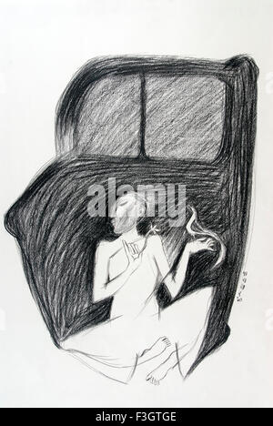 Voiture de rêve de l'homme dans son rêve dessin au fusain sur papier fait main Banque D'Images