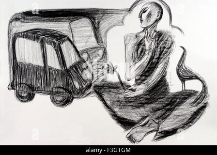 Voiture dans son rêve dessin au fusain sur papier fait main Banque D'Images