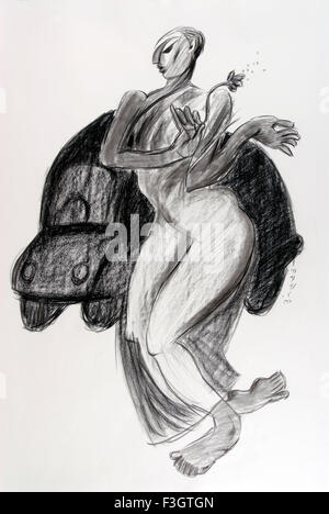 Voiture dans son rêve dessin au fusain sur papier fait main Banque D'Images