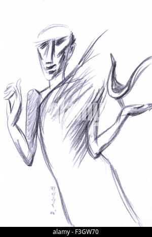 L'homme et des oiseaux Illustration dessin fusain Banque D'Images