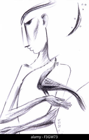 L'homme et des oiseaux Illustration dessin fusain Banque D'Images