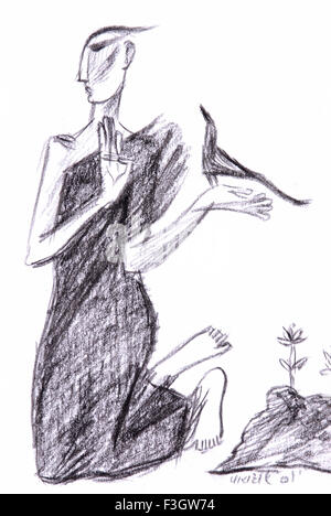 L'homme et des oiseaux Illustration dessin fusain Banque D'Images