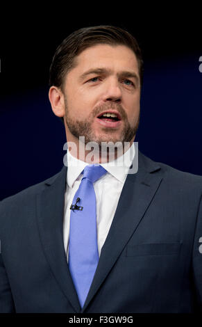 Manchester, UK. 7 octobre 2015. Le très honorable Stephen Crabb MP, Secrétaire d'État pour le pays de Galles, prend la parole lors du congrès du parti conservateur de 2015 à Manchester. Credit : Russell Hart/Alamy Live News. Banque D'Images