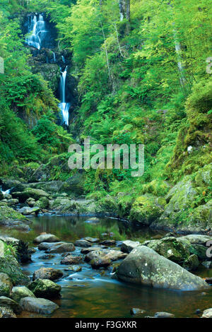 Petit faon Falls et l'Allt a' Mhangan, la limette Craig près de Aberfoyle, Loch Lomond et les Trossachs National Park Banque D'Images
