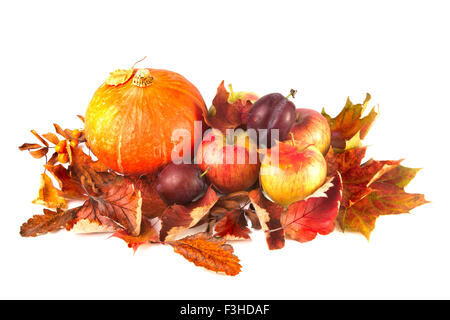 Potiron, pommes et feuilles d'automne sur fond blanc Banque D'Images