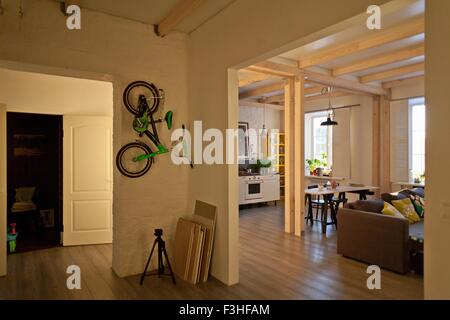 Voir l'espace de stockage, cuisine, coin repas, canapé et location sur mur Banque D'Images