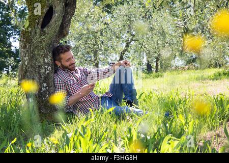 Young man leaning against tree using smartphone à bas smiling Banque D'Images