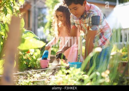 Garçon et fille creuser soulevées plant bed in garden Banque D'Images