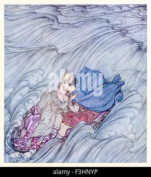 "Les vagues de l'univers semblait tournoyer devant eux dans un grand tapis vert' de 'Becuma de la peau blanche' dans 'Contes irlandais', illustration par Arthur Rackham (1867-1939). Voir la description pour plus d'informations. Banque D'Images