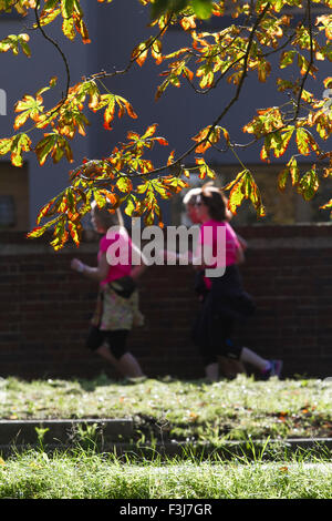 Wimbledon London,UK. 8 octobre 2015. Les coureurs sur Wimbledon Common passé feuilles colorées avec l'arrivée de l'automne : Crédit amer ghazzal/Alamy Live News Banque D'Images