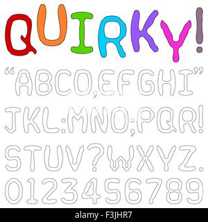 Alphabets majuscules, chiffres et caractères de ponctuation dans un divertissant font isolé sur blanc. Illustration de Vecteur