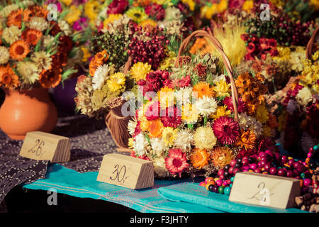 Séché et diverses plantes et fleurs de couleur pour la décoration de la maison, vendus dans la rue, inSuwalki marché Pologne. Banque D'Images