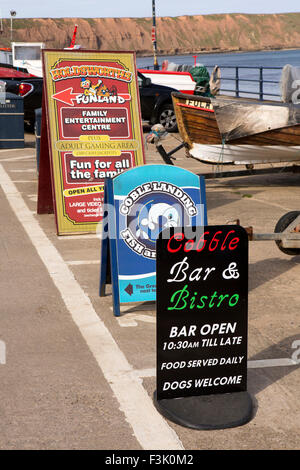 Royaume-uni, Angleterre, dans le Yorkshire East Riding, Filey, Coble, signes d'entreprises touristiques publicité Banque D'Images