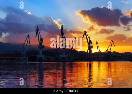 Grues en Sestao au coucher du soleil Banque D'Images