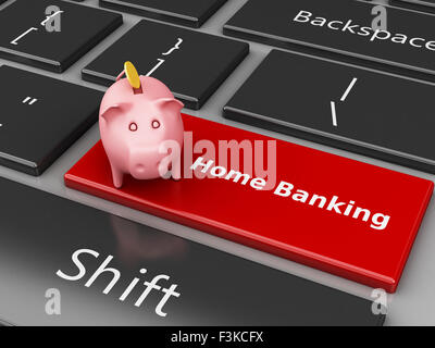 Moteur de rendu 3d image. Tirelire avec monnayeur sur le clavier de l'ordinateur. Banque Internet concept. Banque D'Images