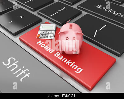 Moteur de rendu 3d image. Tirelire avec la calculatrice sur le clavier de l'ordinateur. Banque Internet concept. Banque D'Images